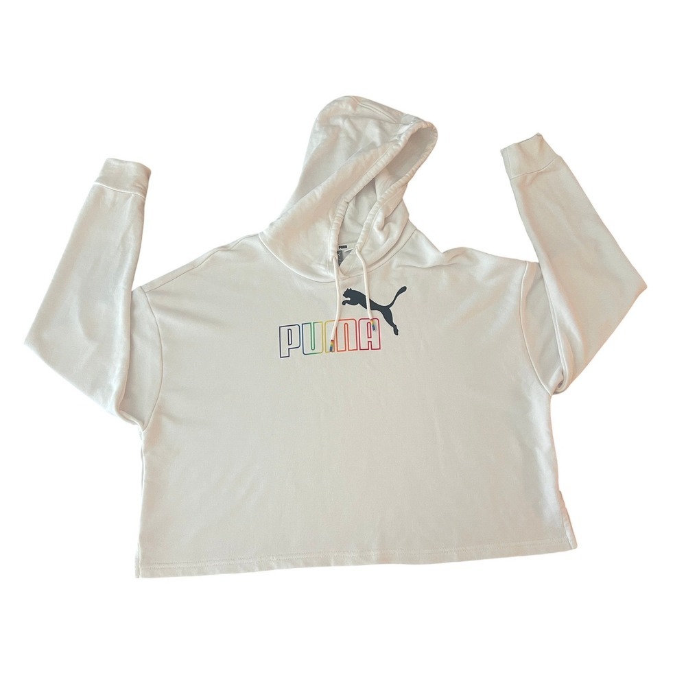 Puma Womens White Cropped Hoodie Rainbow Logo Sweatshirt Large (1092)